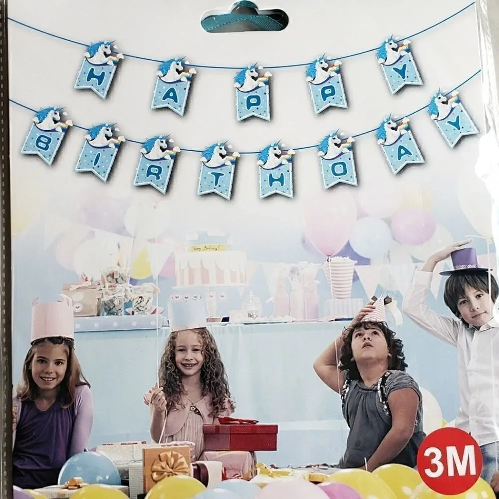 Unicorn Rainbow Blue Boy Happy Birthday Ribbon Banner NWT